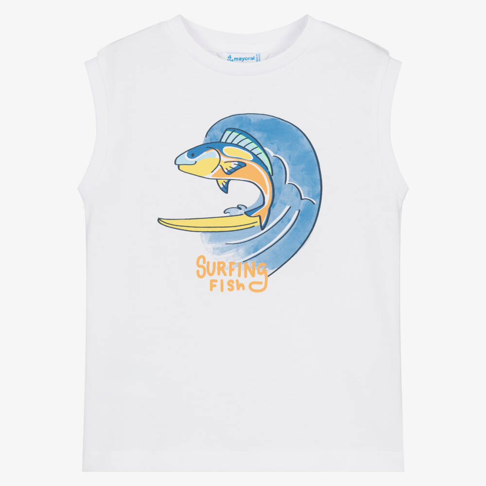 Mayoral-White Surfing Sleeveless T-shirt | Childrensalon Outlet