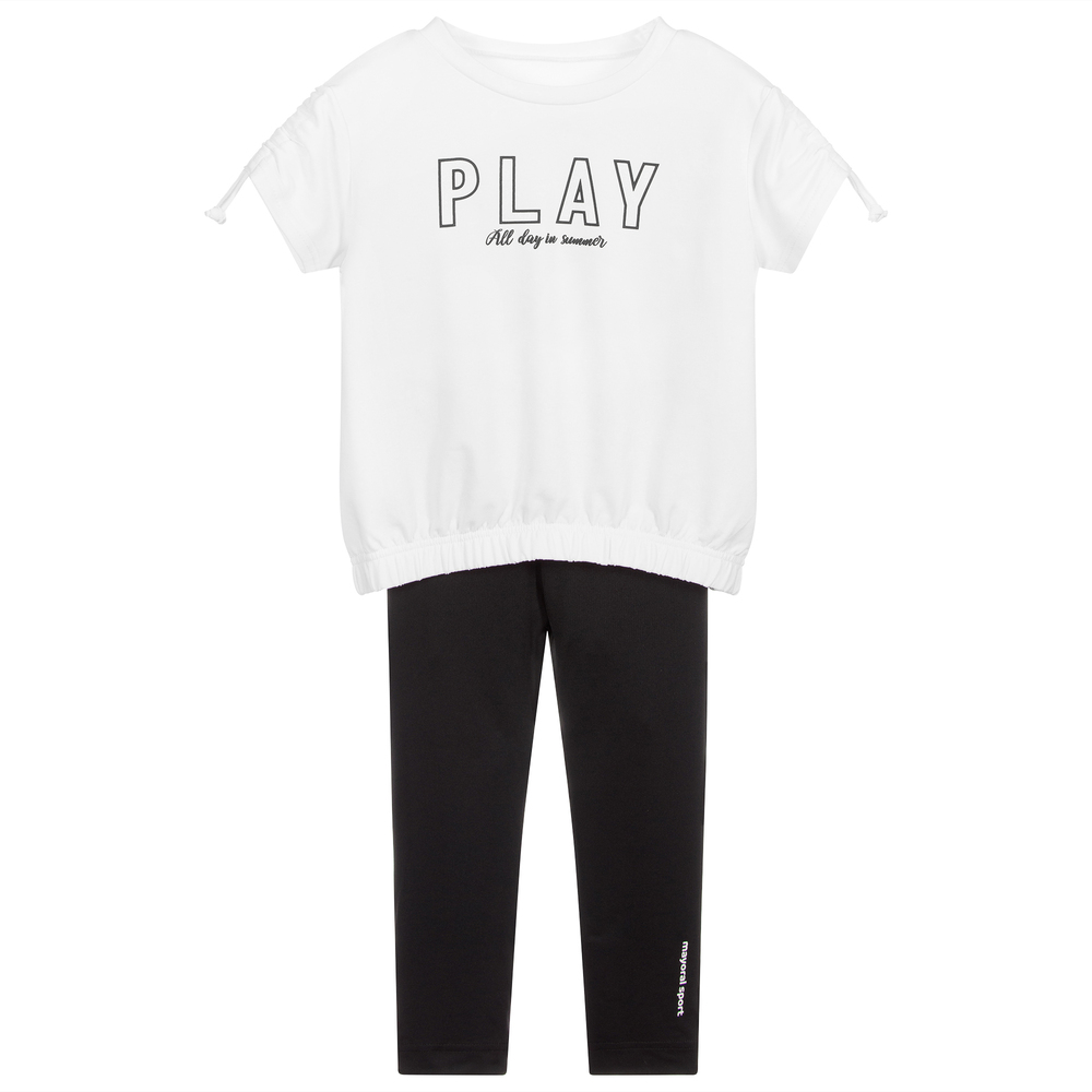 Mayoral - White Top & Black Leggings Set | Childrensalon