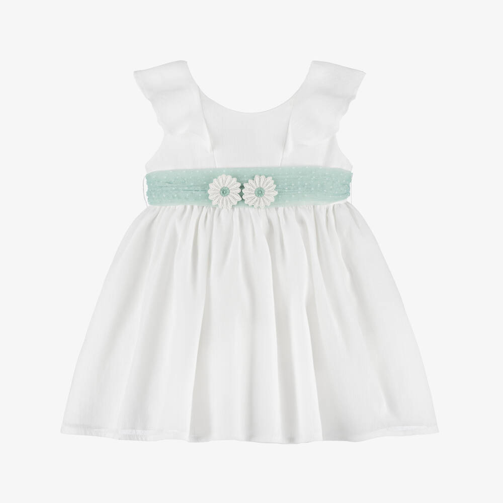 Mayoral-White Tulle Flower Belt Ss Dress | Childrensalon Outlet