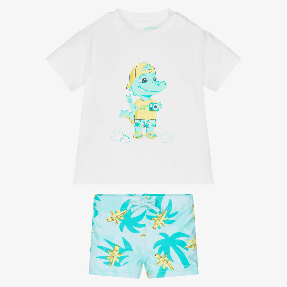 Mayoral-White & Turq Crocodile Print Swim Short Set | Childrensalon Outlet
