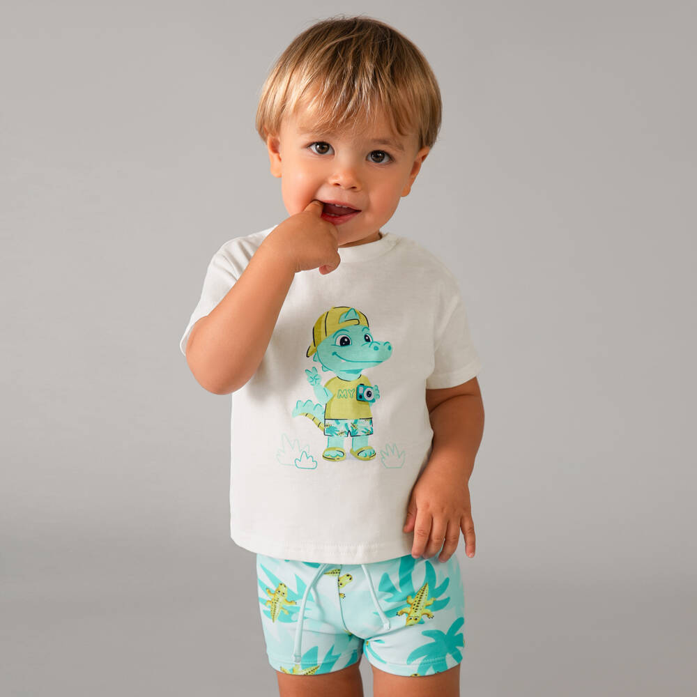 Mayoral-White & Turq Crocodile Print Swim Short Set | Childrensalon Outlet
