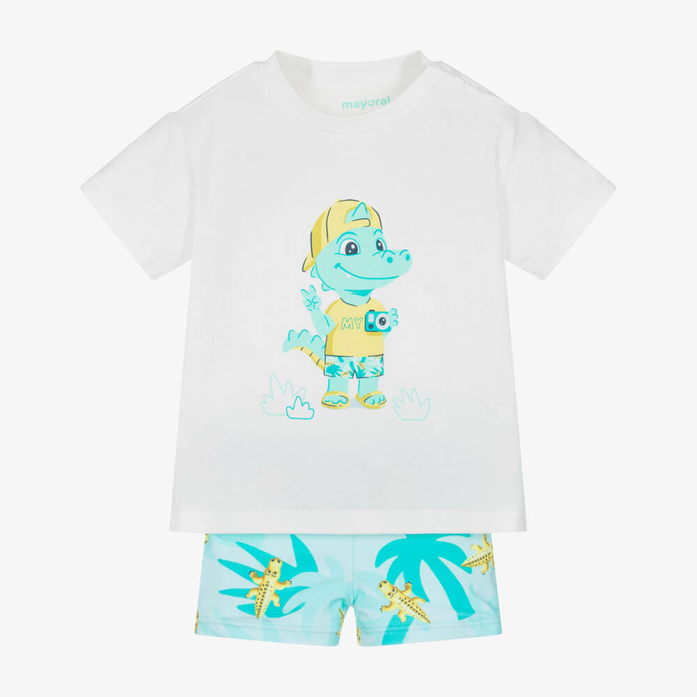 Mayoral-White & Turq Crocodile Print Swim Short Set | Childrensalon Outlet