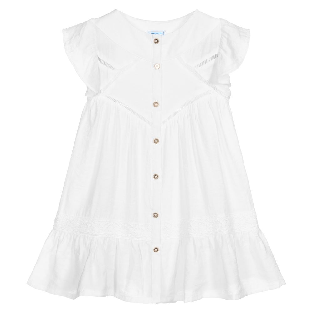 Mayoral - فستان مزيج فيسكوز لون أبيض  | Childrensalon