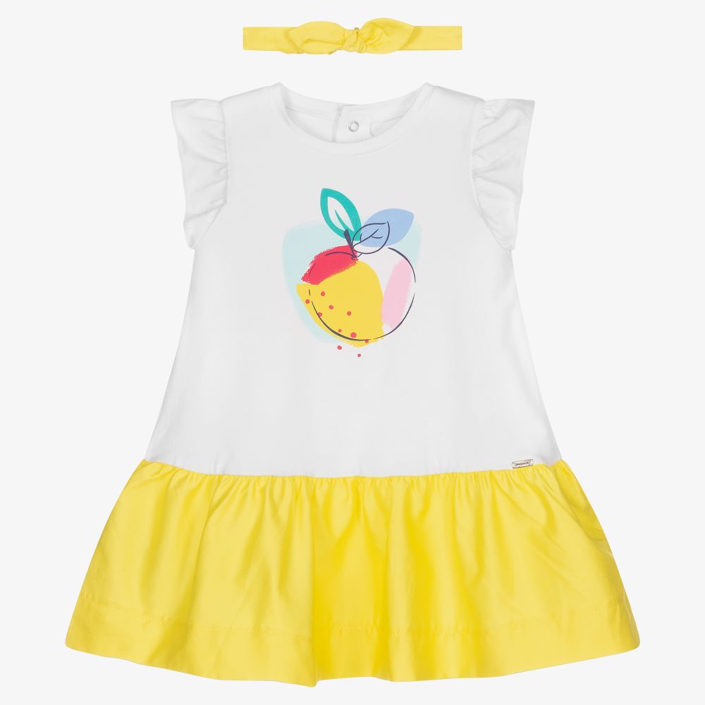 Mayoral - Бело-желтое платье с яблоком и трусики | Childrensalon