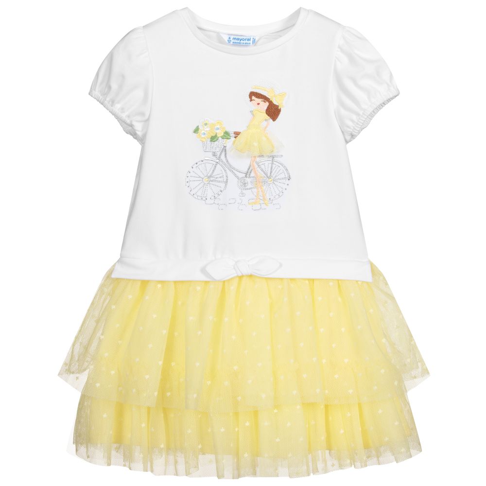 Mayoral - White & Yellow Tulle Dress | Childrensalon