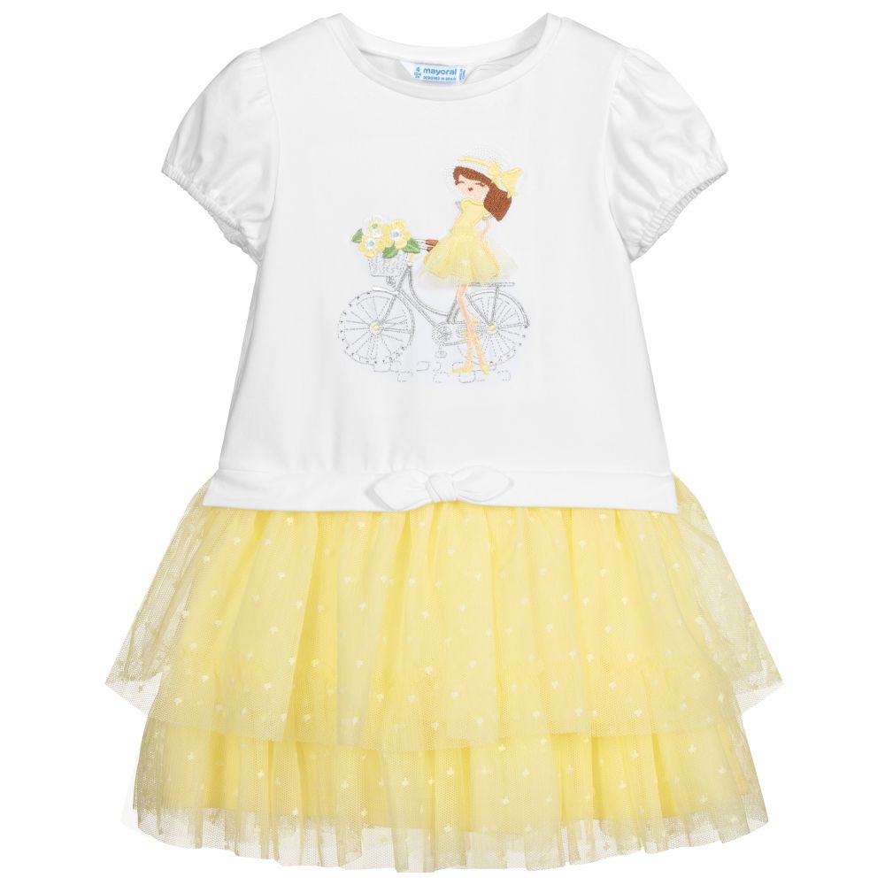 Mayoral-فستان قطن جيرسي وتول لون أبيض و أصفر | Childrensalon Outlet