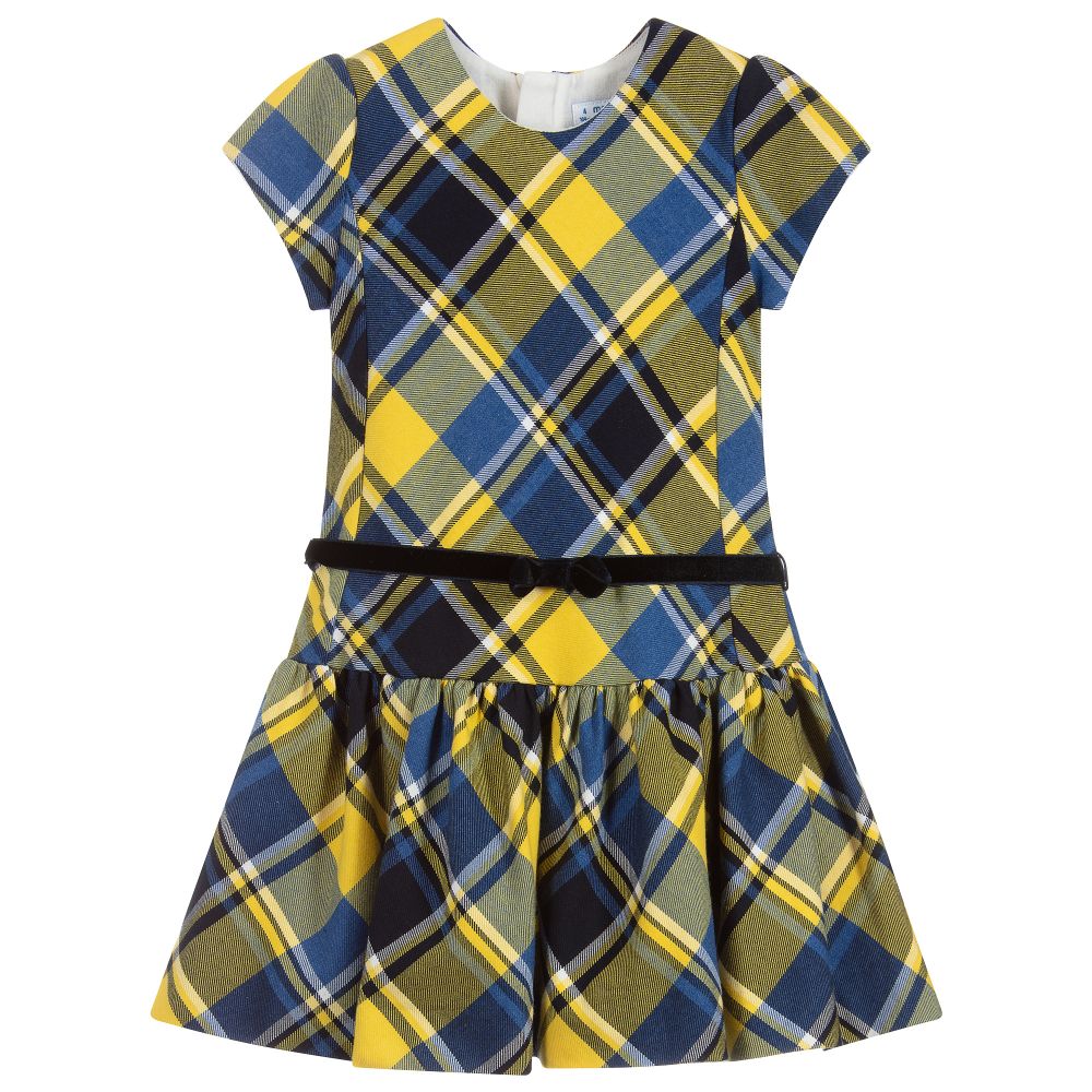 Mayoral - Robe jaune et bleue à carreaux | Childrensalon