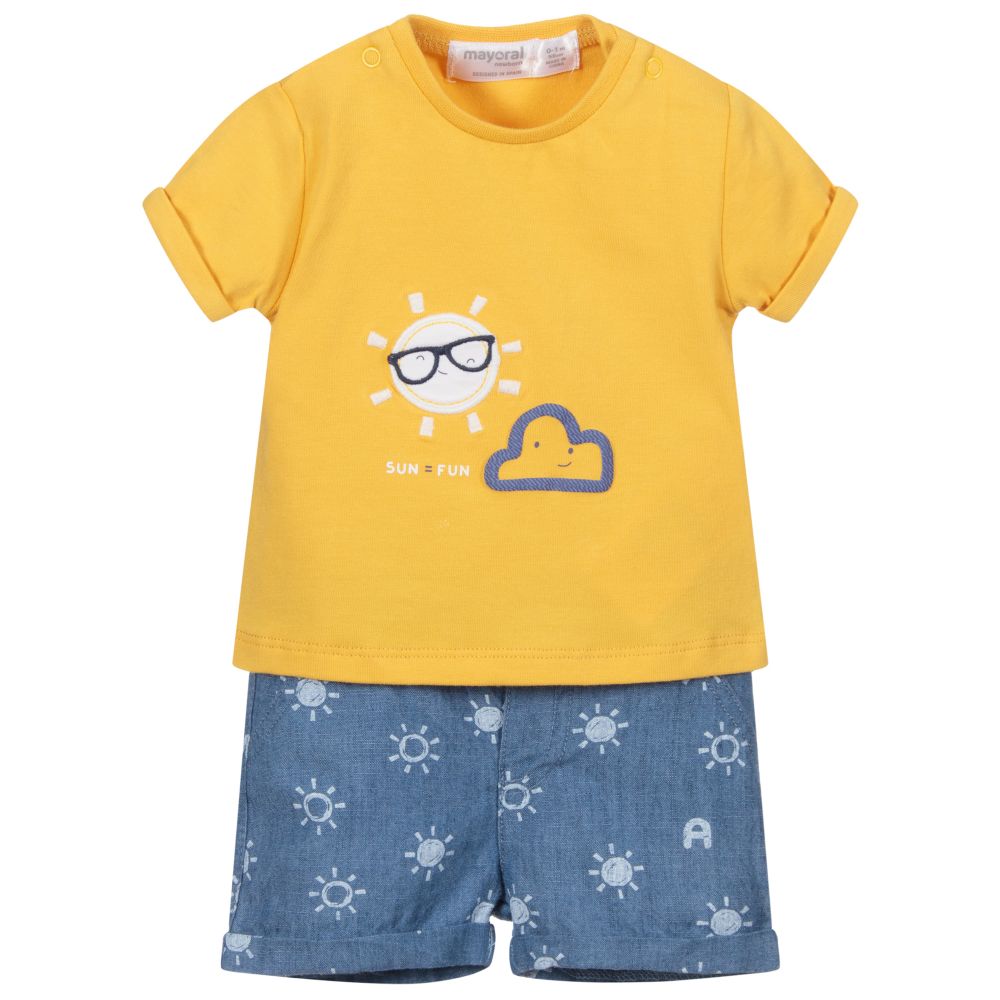 Mayoral Newborn - Комплект из желтой футболки с синими шортами | Childrensalon