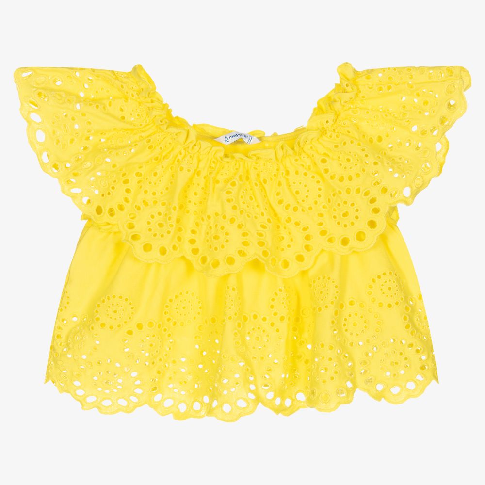 Mayoral-Желтая блузка с вышивкой английской гладью | Childrensalon Outlet