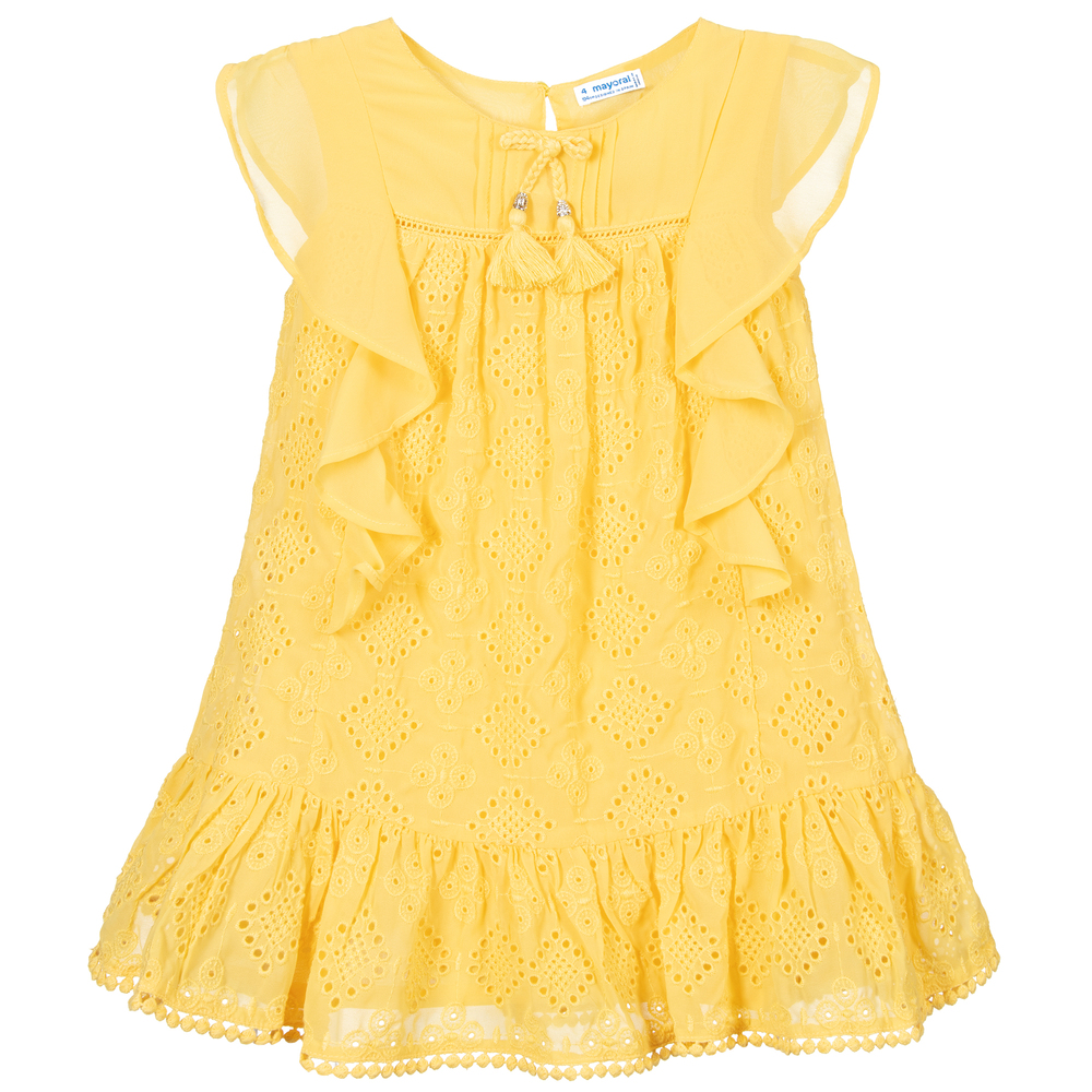 Mayoral - Yellow Broderie Anglaise Dress | Childrensalon