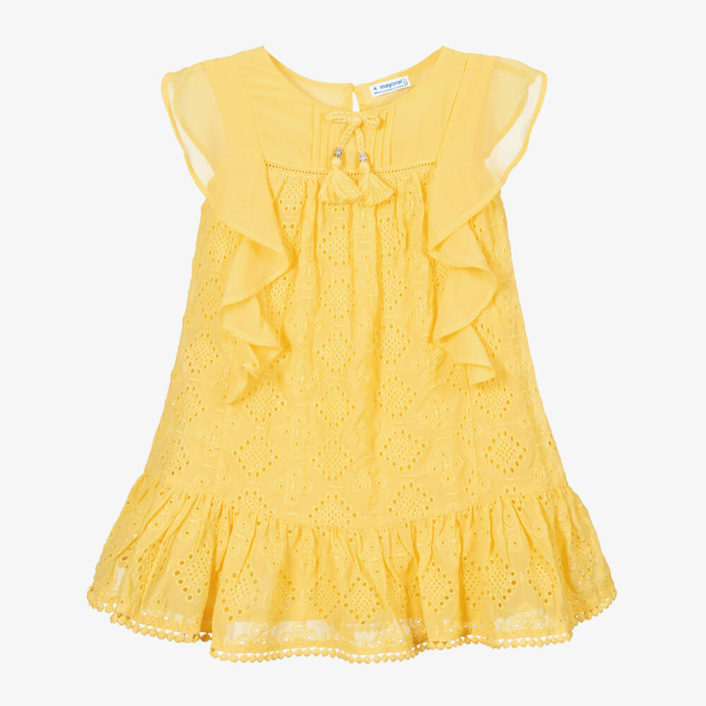 Mayoral-فستان شيفون برودوري لون أصفر | Childrensalon Outlet