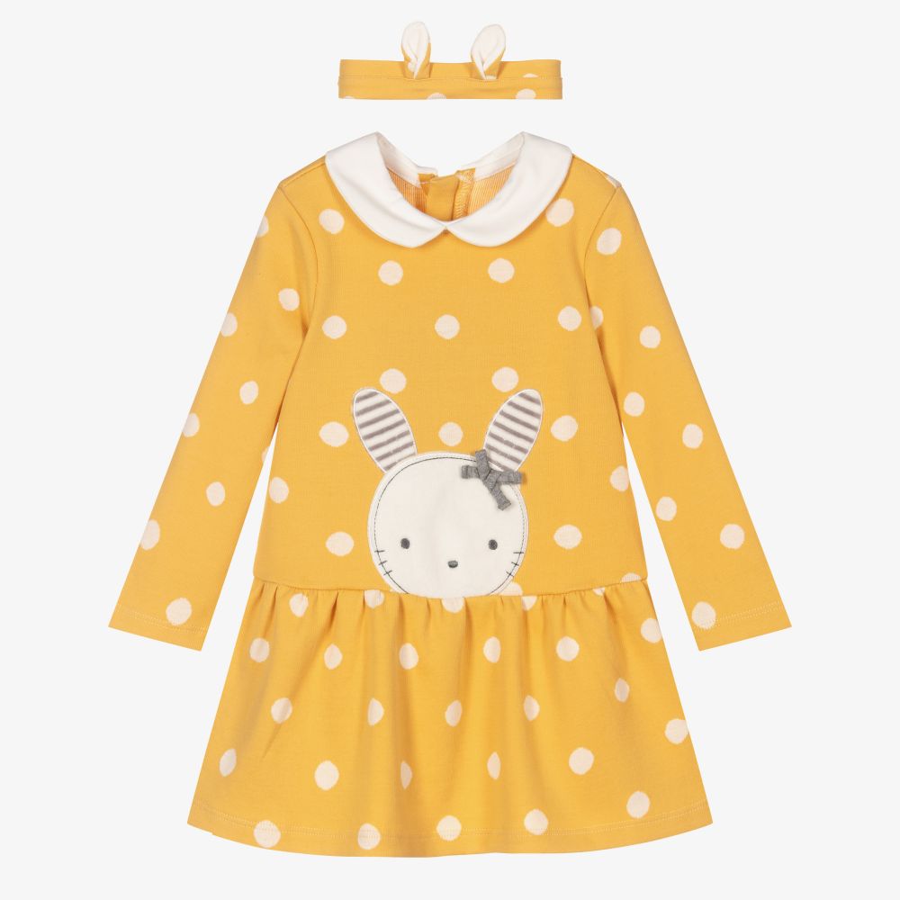 Mayoral Newborn - Желтое платье с кроликом и повязка на голове для малышей | Childrensalon