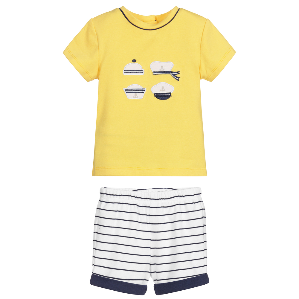 مايورال-شورت وتوب قطن جيرسي لون أصفر، أبيض وكحلي للمواليد | Childrensalon Outlet