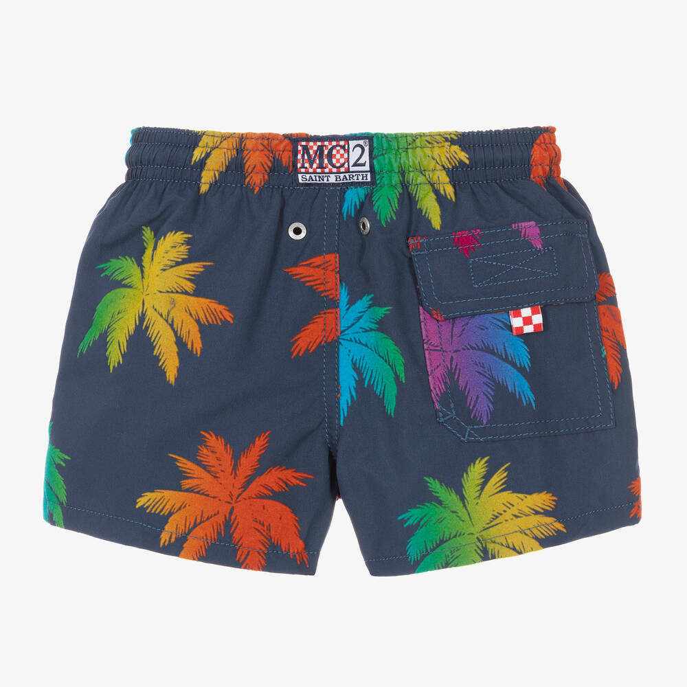 MC2 Saint Barth-Синие бархатные плавки-шорты с пальмами | Childrensalon Outlet