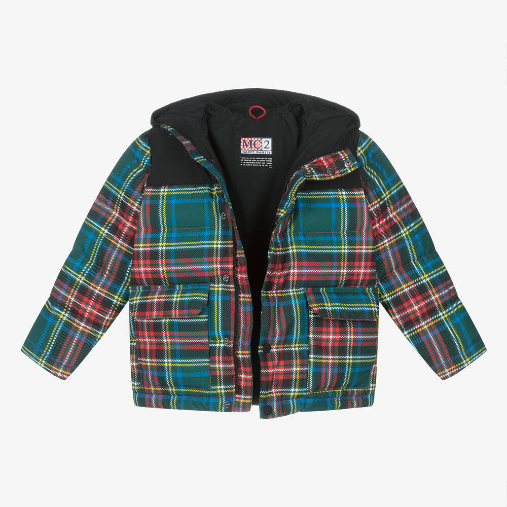 MC2 Saint Barth-Boys Green Tartan Peanuts Down Puffer Jacket | Childrensalon Outlet