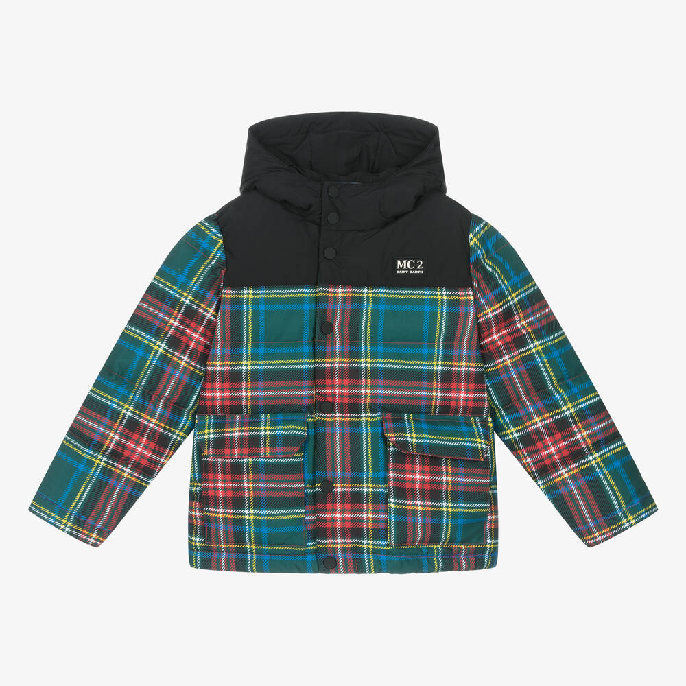 MC2 Saint Barth - Boys Green Tartan Peanuts Down Puffer Jacket | Childrensalon