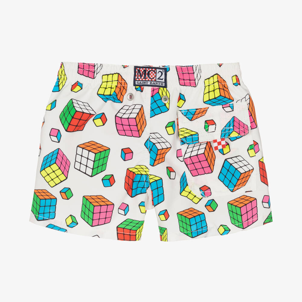 MC2 Saint Barth-Boys White Rubik's Cube Swim Shorts | Childrensalon Outlet