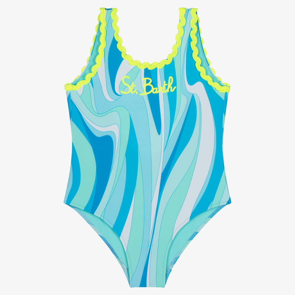 MC2 Saint Barth-Girls Blue Wave Print Logo Swimsuit | Childrensalon Outlet