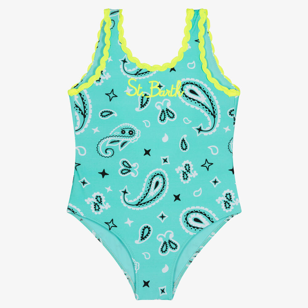 MC2 Saint Barth-Girls Green Paisley Print Logo Swimsuit | Childrensalon Outlet