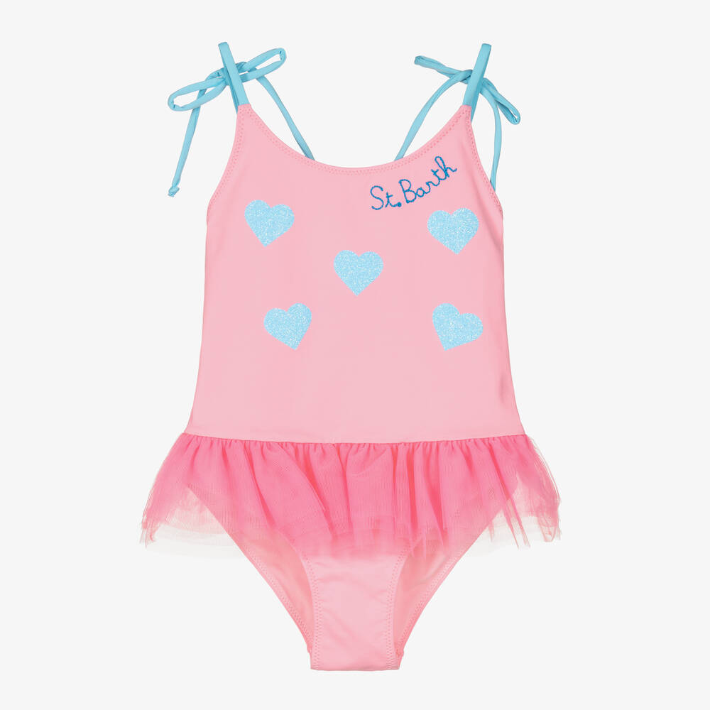 MC2 Saint Barth - Maillot de bain rose à cœurs bleus | Childrensalon