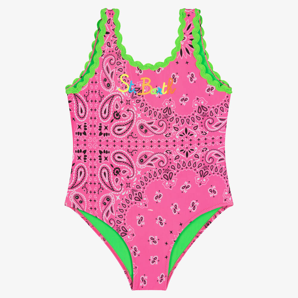 MC2 Saint Barth - Girls Pink Paisley Print Logo Swimsuit | Childrensalon