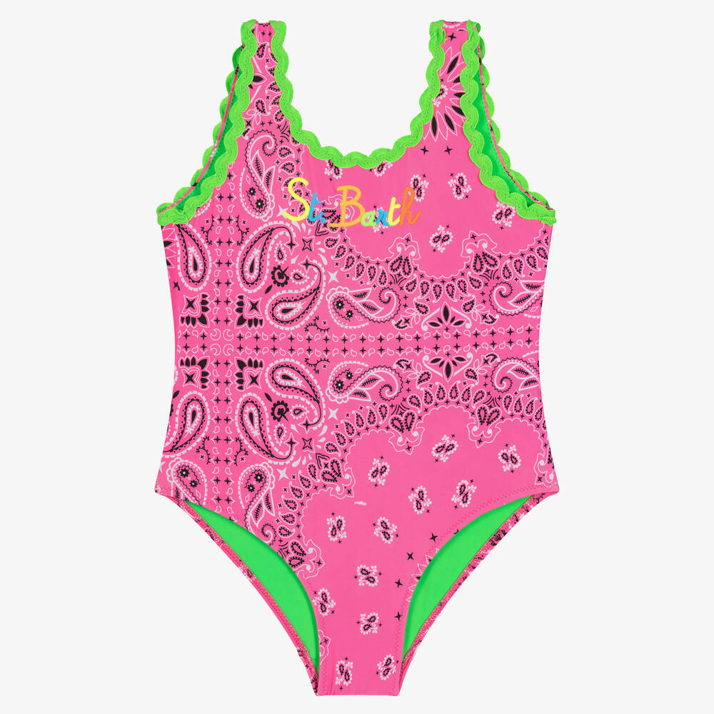 MC2 Saint Barth-Girls Pink Paisley Print Logo Swimsuit | Childrensalon Outlet