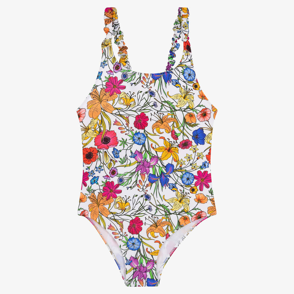 MC2 Saint Barth - Girls White Botanical Flower Swimsuit | Childrensalon