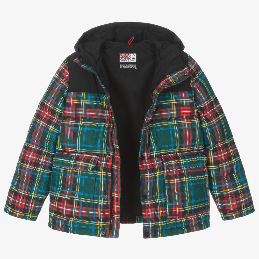 MC2 Saint Barth-Teen Boys Green Tartan Peanuts Puffer Jacket | Childrensalon Outlet