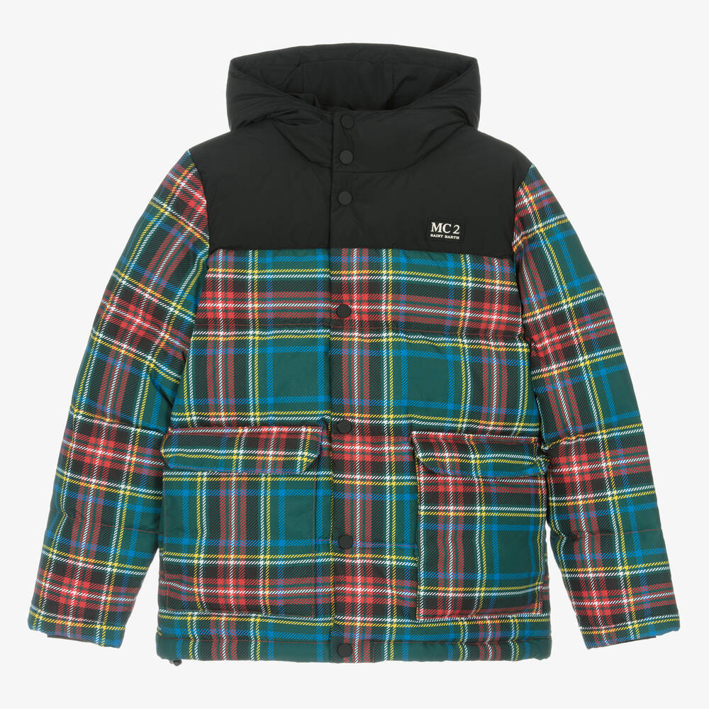 MC2 Saint Barth - Teen Boys Green Tartan Peanuts Puffer Jacket | Childrensalon