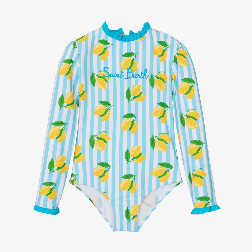 Teen Girls Blue Stripe Lemons Swimsuit