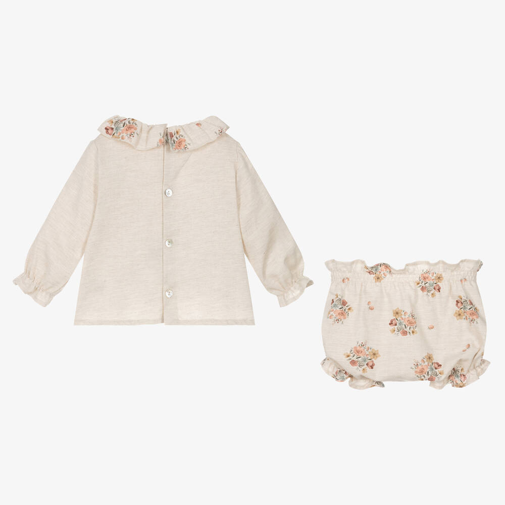 Mebi-Baby Girls Beige Cotton Shorts Set | Childrensalon Outlet