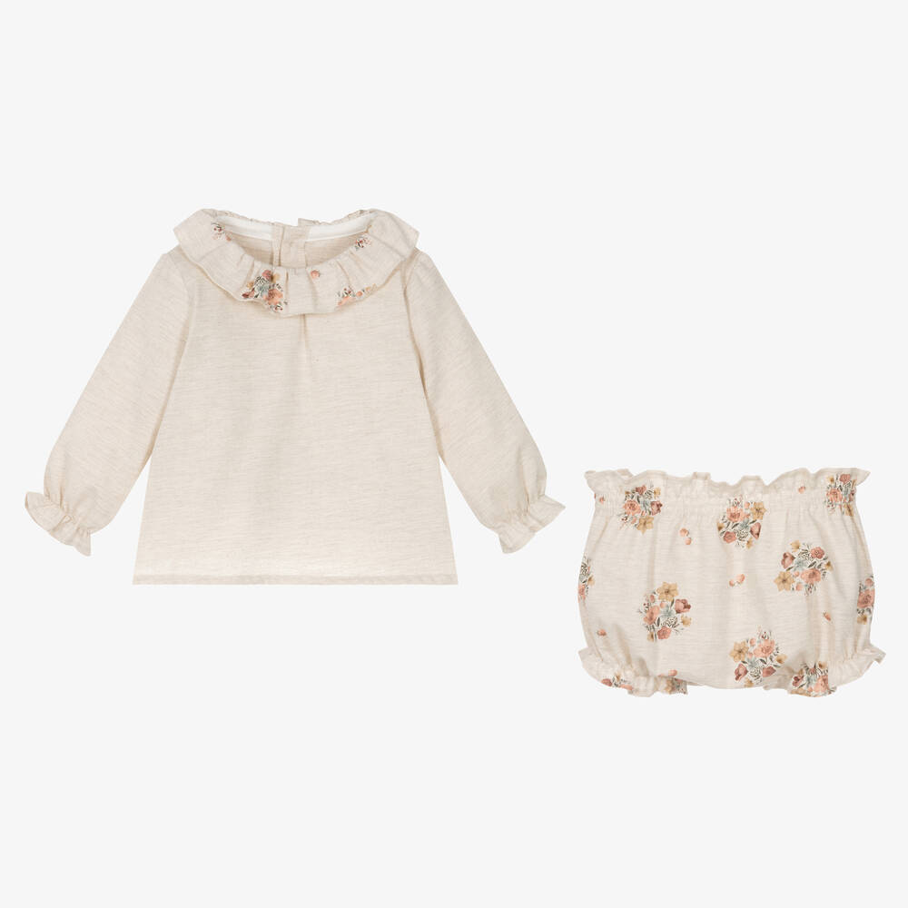 Mebi-Baby Girls Beige Cotton Shorts Set | Childrensalon Outlet