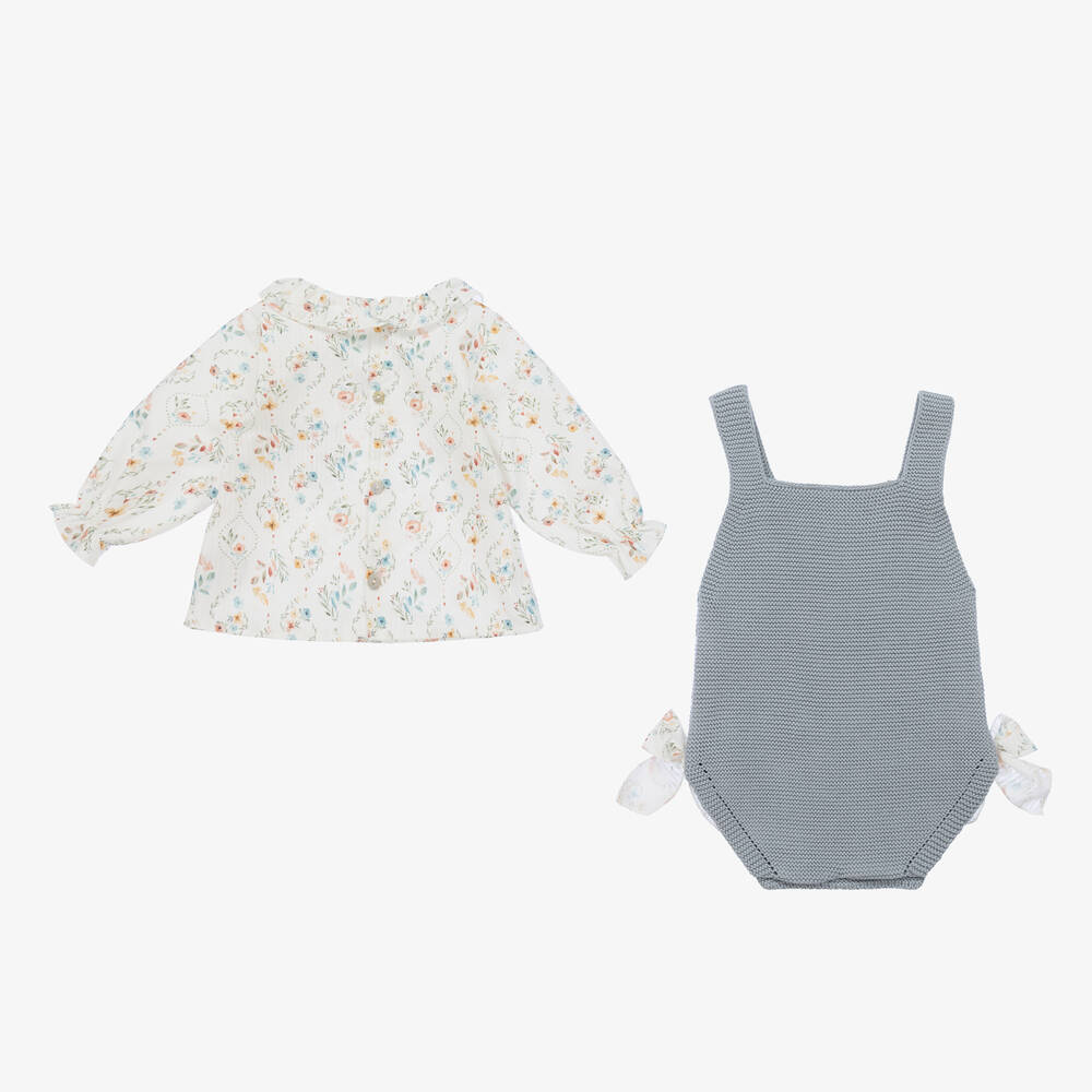 Mebi-Baby Girls Blue Cotton Knit Shortie Set | Childrensalon Outlet