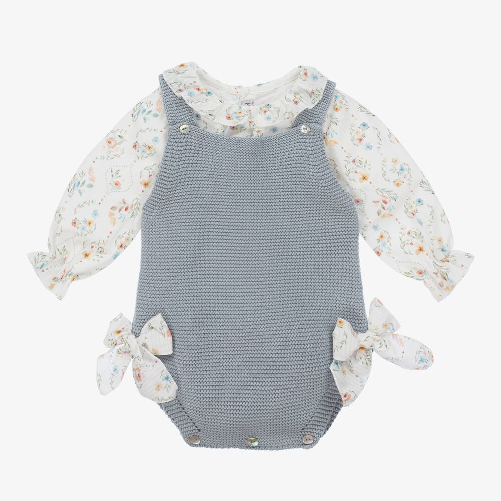 Mebi-Baby Girls Blue Cotton Knit Shortie Set | Childrensalon Outlet