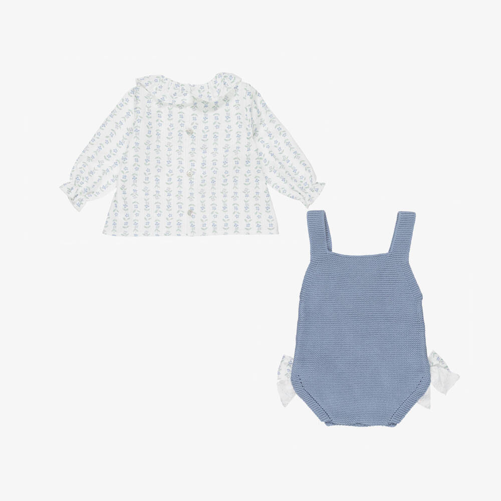 Mebi-Baby Girls Blue Cotton Knit Shortie Set with Floral Print | Childrensalon Outlet