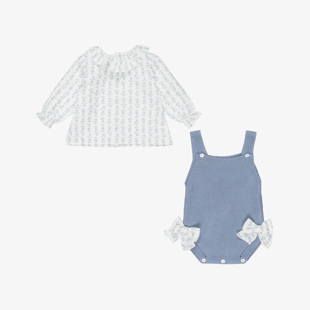 Mebi-Baby Girls Blue Cotton Knit Shortie Set with Floral Print | Childrensalon Outlet
