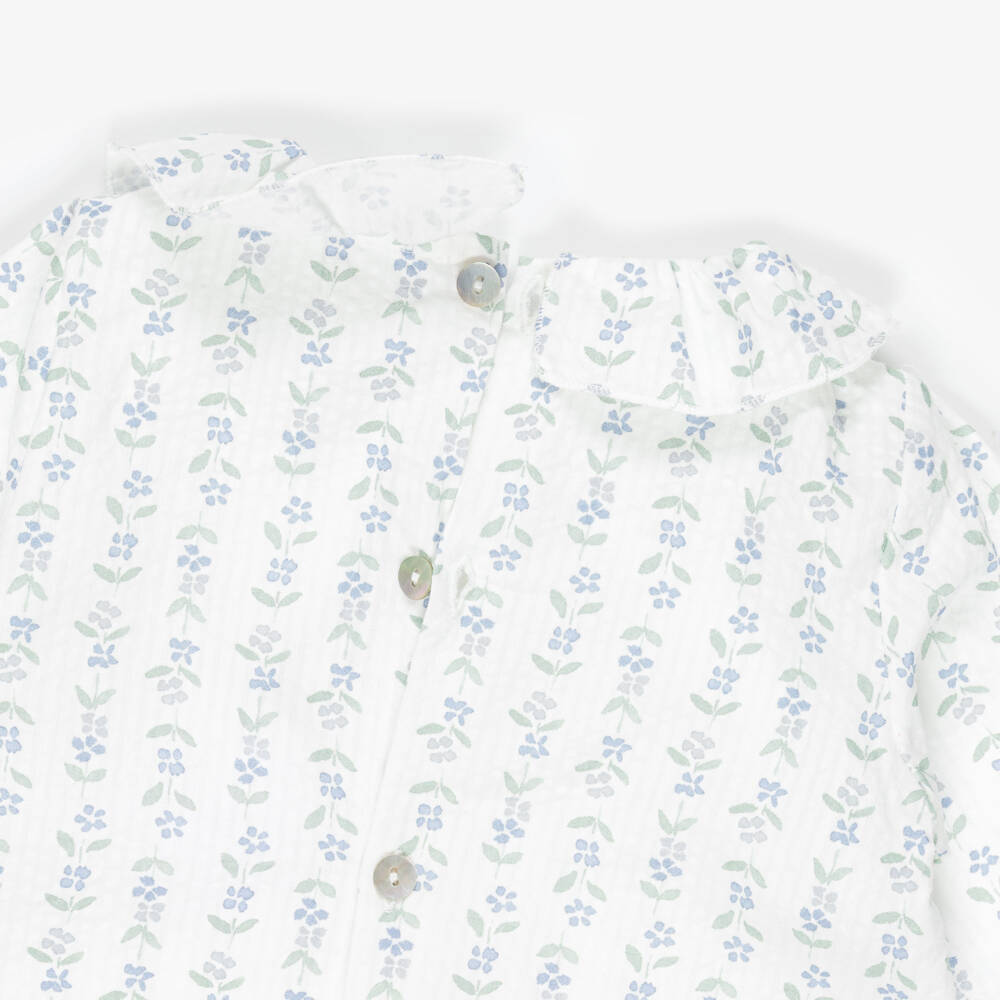 Mebi-Baby Girls Blue Cotton Knit Shortie Set with Floral Print | Childrensalon Outlet