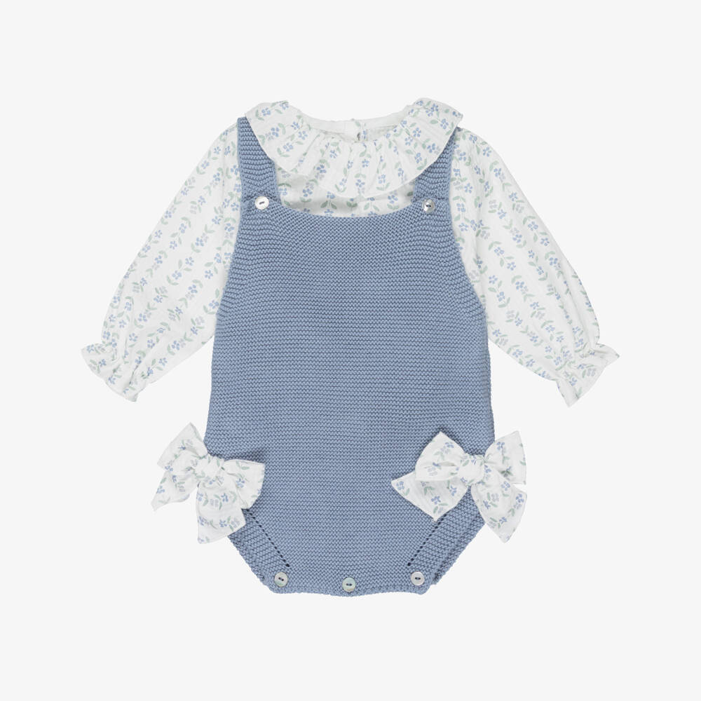 Mebi-Baby Girls Blue Cotton Knit Shortie Set with Floral Print | Childrensalon Outlet