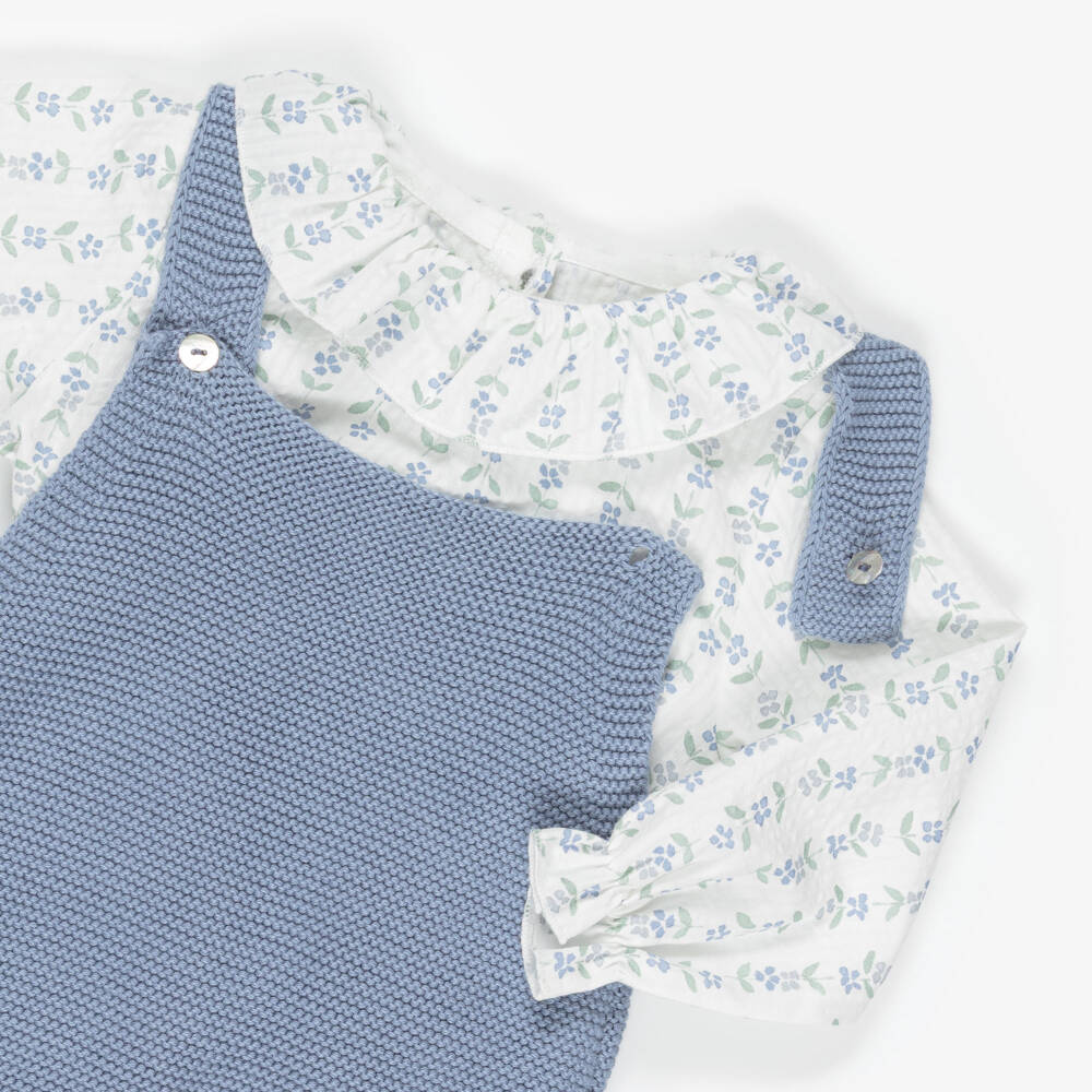 Mebi-Baby Girls Blue Cotton Knit Shortie Set with Floral Print | Childrensalon Outlet