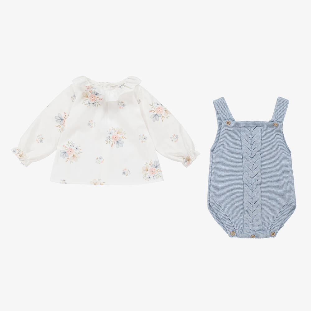 Mebi-طقم تبّان قطن لون أبيض وأزرق بطبعة ورود | Childrensalon Outlet