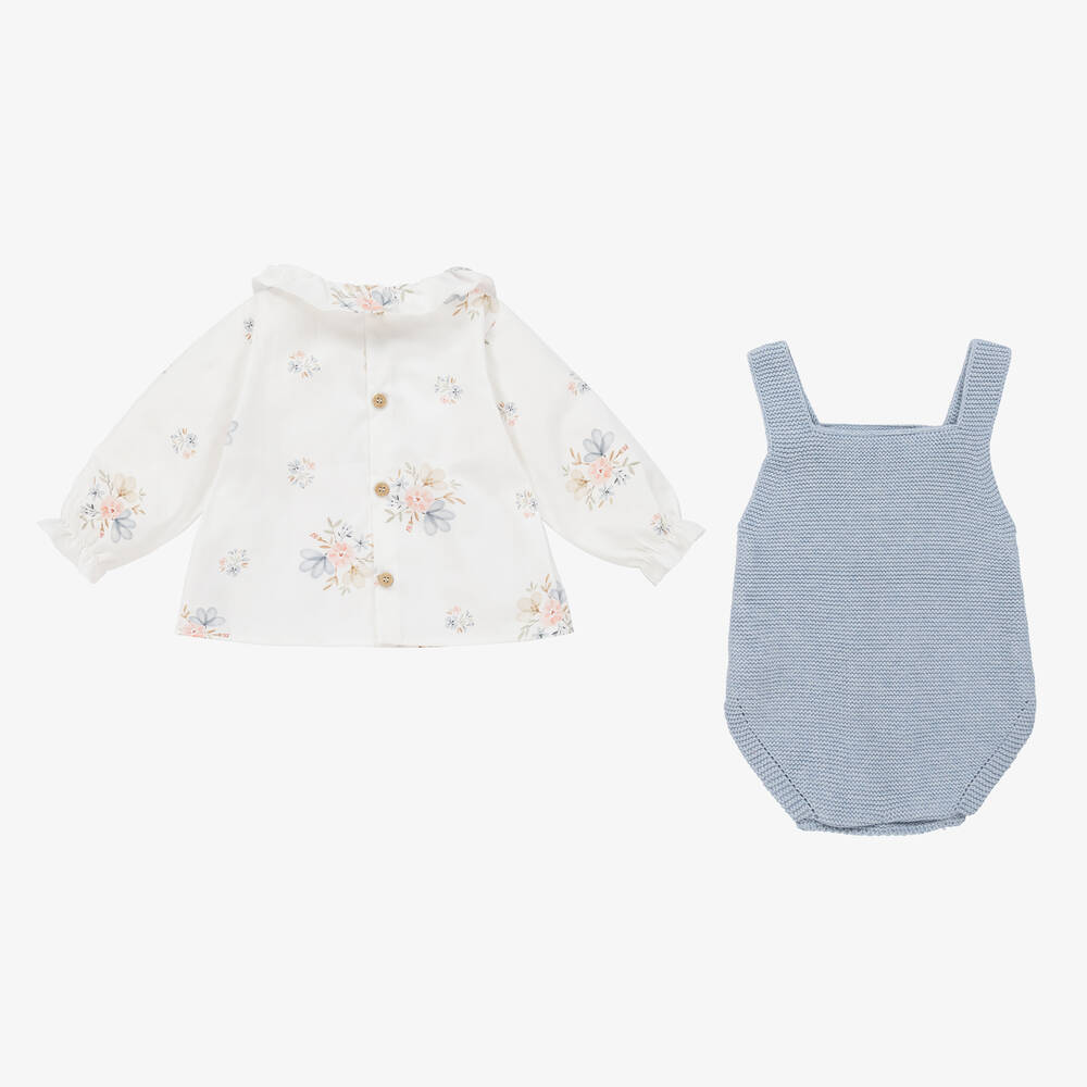 Mebi-طقم تبّان قطن لون أبيض وأزرق بطبعة ورود | Childrensalon Outlet