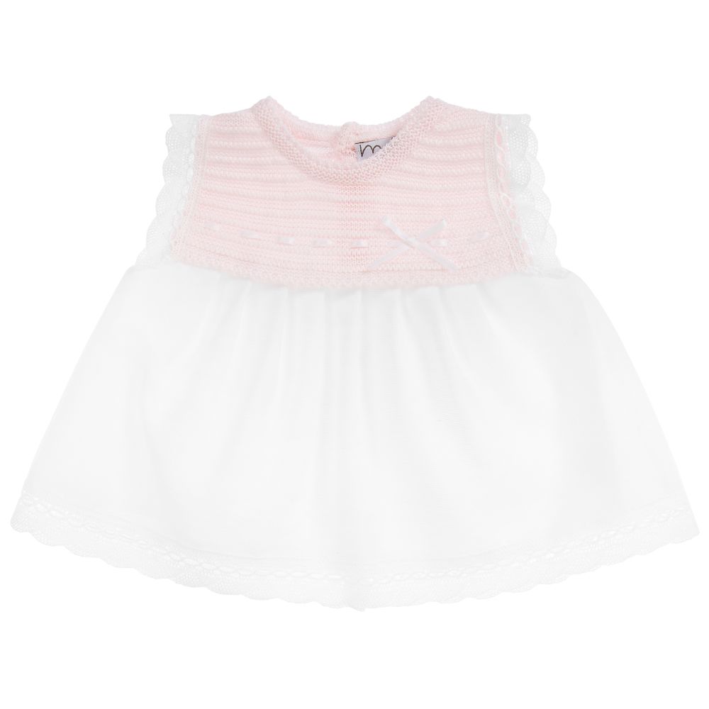 Mebi - طقم فستان قطن محبوك لون أبيض و زهري للمولودات | Childrensalon