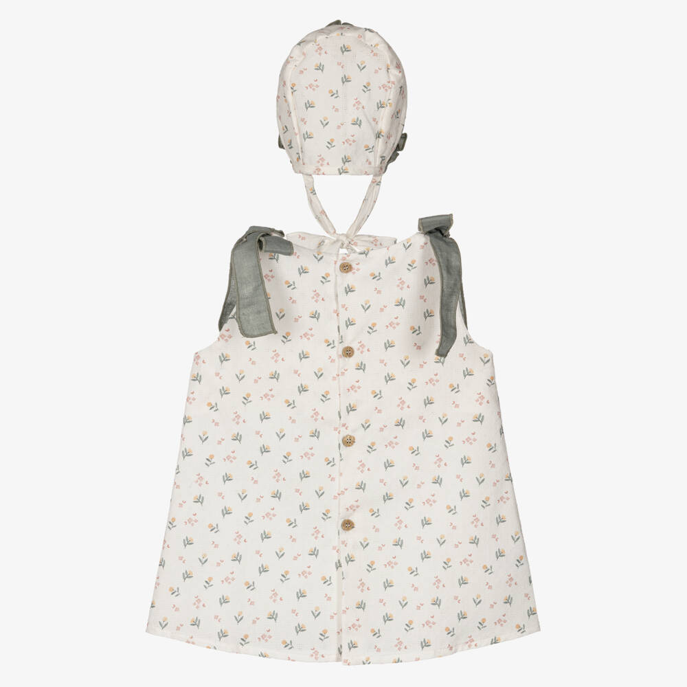 Mebi-Baby Girls Ivory & Green Floral Cotton Dress with Bonnet | Childrensalon Outlet