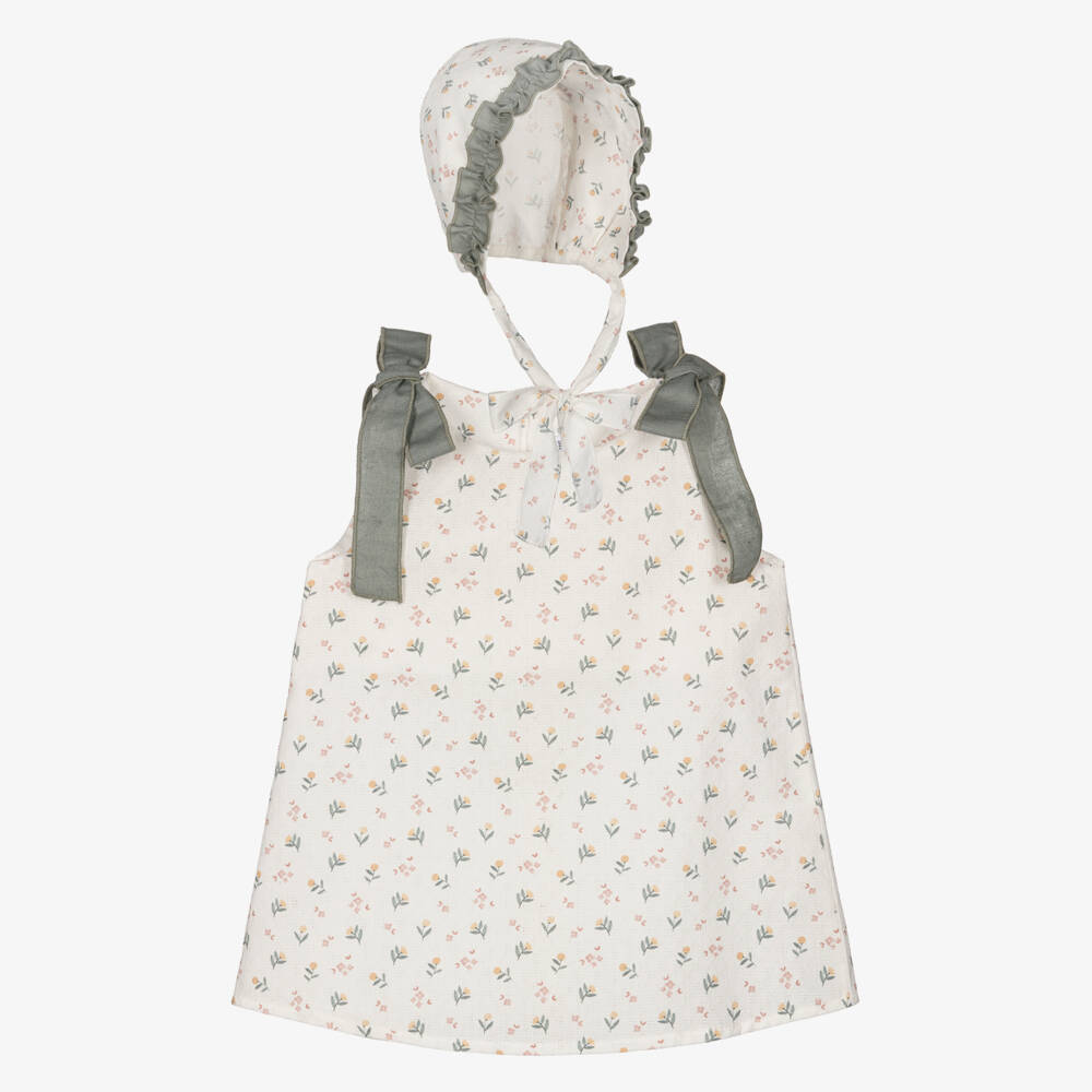 Mebi-Baby Girls Ivory & Green Floral Cotton Dress with Bonnet | Childrensalon Outlet
