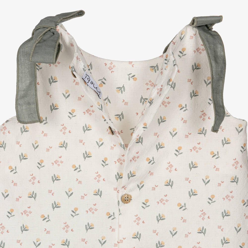 Mebi-Baby Girls Ivory & Green Floral Cotton Dress with Bonnet | Childrensalon Outlet