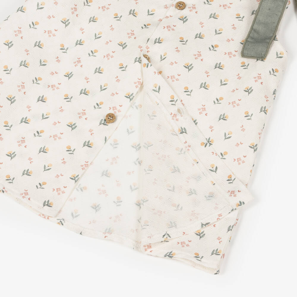 Mebi-Baby Girls Ivory & Green Floral Cotton Dress with Bonnet | Childrensalon Outlet