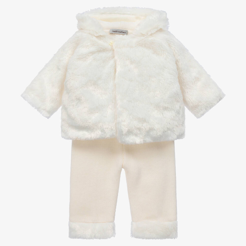 Mebi - Baby Girls Ivory Wool & Faux Fur Trouser Set | Childrensalon
