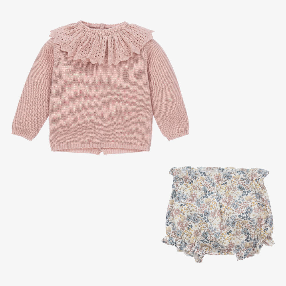 Mebi-Розовый свитер и голубые шорты из хлопка | Childrensalon Outlet