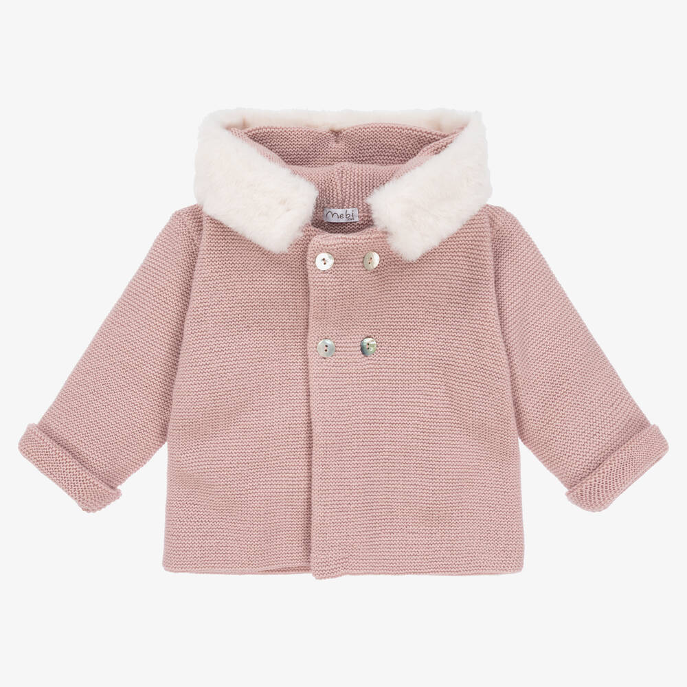 Mebi - Baby Girls Pink Knitted Hooded Jacket | Childrensalon