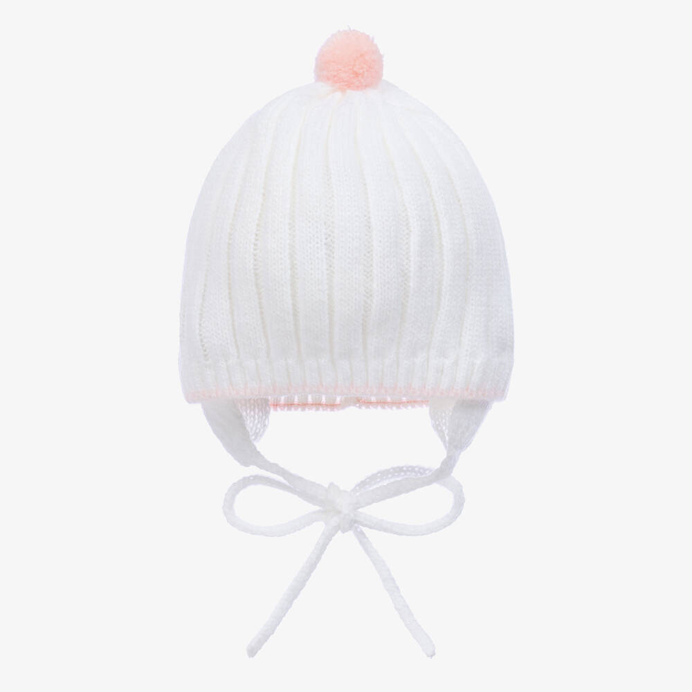 Mebi - Baby Girls White & Pink Knitted Pom-Pom Hat | Childrensalon